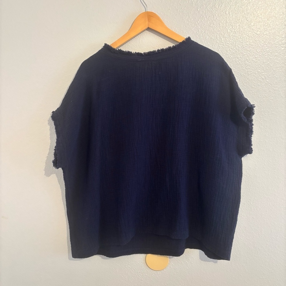 Kaktus Navy Crinkle 100% Cotton Gauze Boxy Top 1X Raw Fringe Edge - Picture 3 of 9